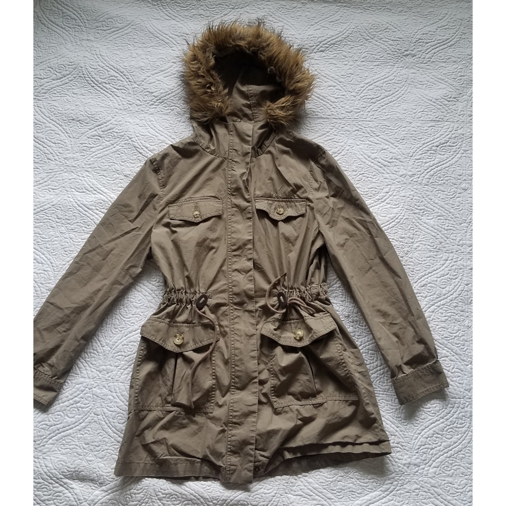 Liz Claiborne Tan Jacket w/ Faux Fur Hood